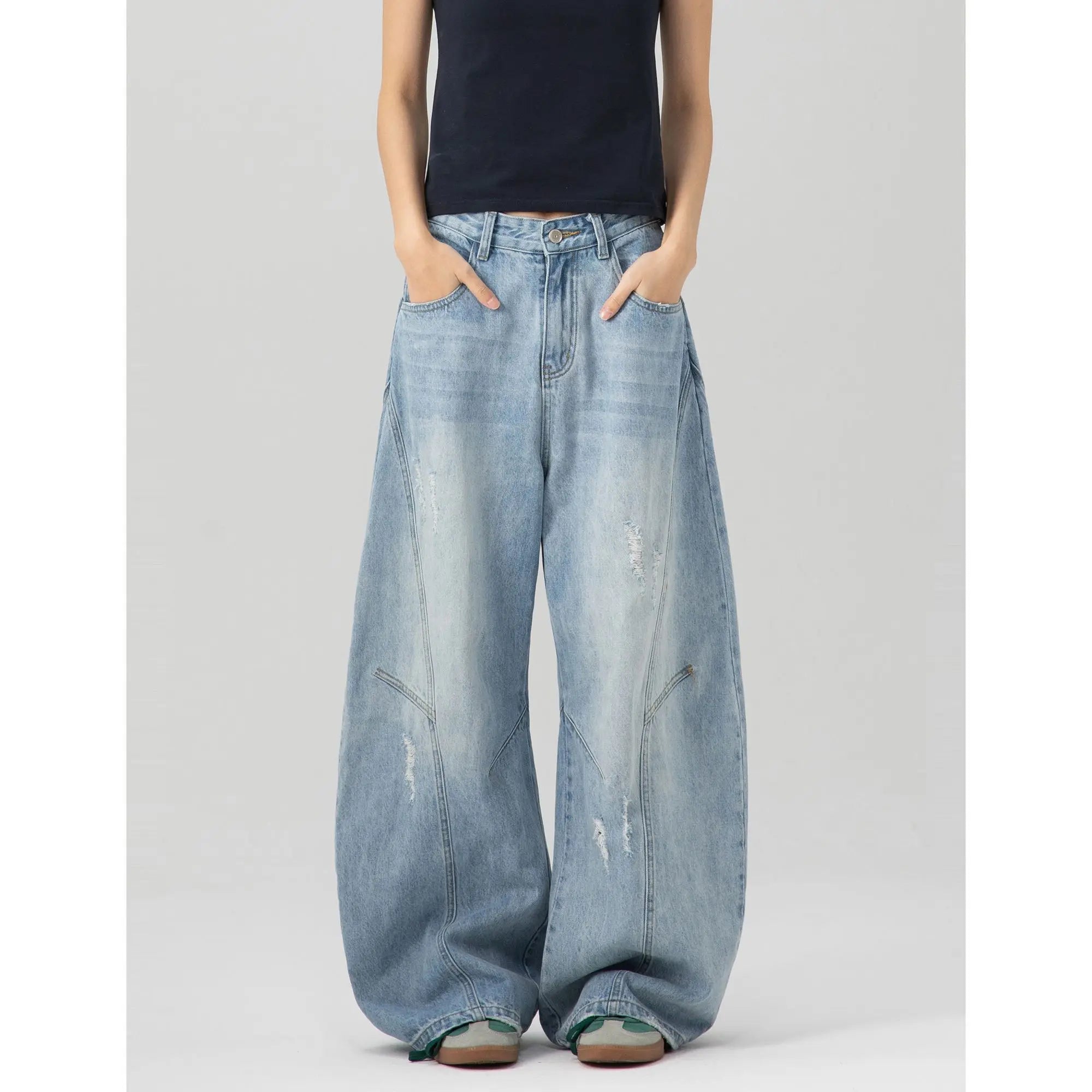 Riolio American high street men and women retro washed distressed curved knife jeans couple hip-hop loose trendy wide leg casual pants