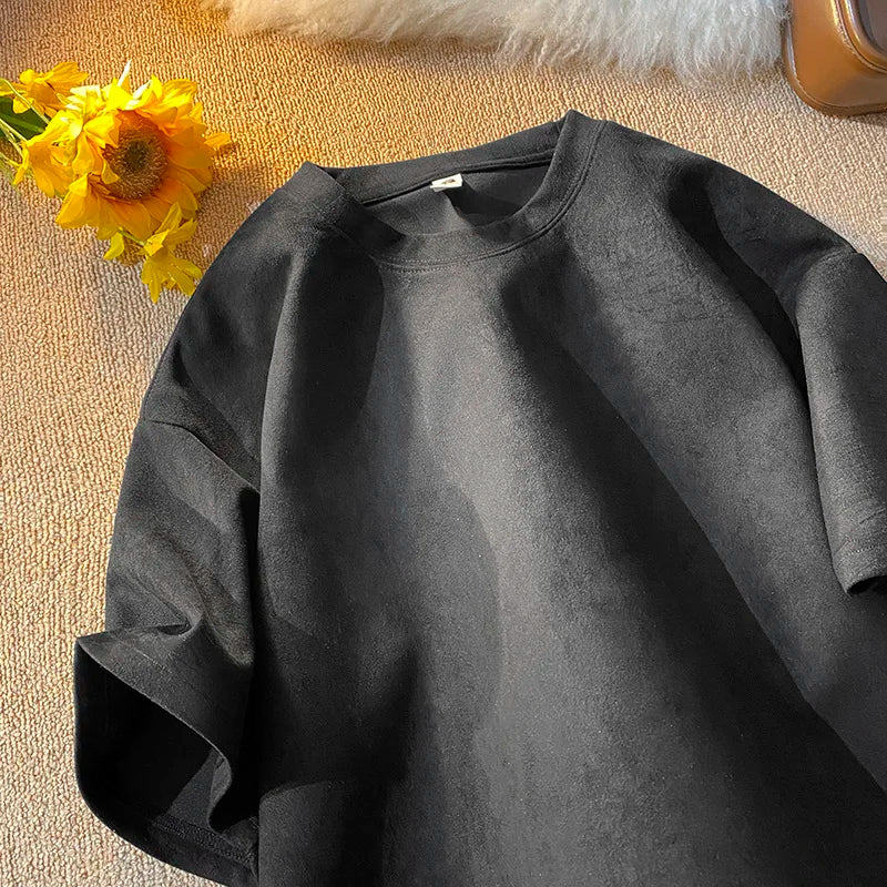 Riolio Summer Short Sleeve T-shirt Men Fashion Retro Suede T Shirt Men Streetwear Hip Hop Loose Round Neck Solid Color Tshirt Mens Top