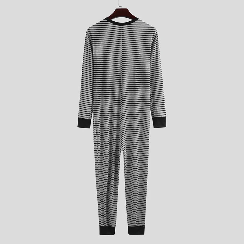 Riolio Men's Striped Pajamas O-Neck Long Sleeve Romper Home Wear Cozy Leisure Sleepwear S-3XL