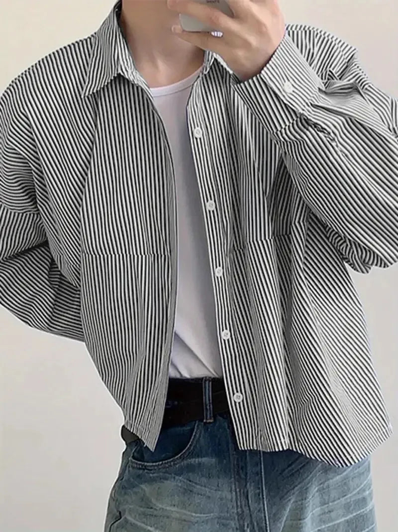 Riolio  New Japanese Trendy Men Shirts Light Luxury Textured Lapel Striped Long Sleeve Cardigan Tops Leisure Premium Loose Blouse M-2XL