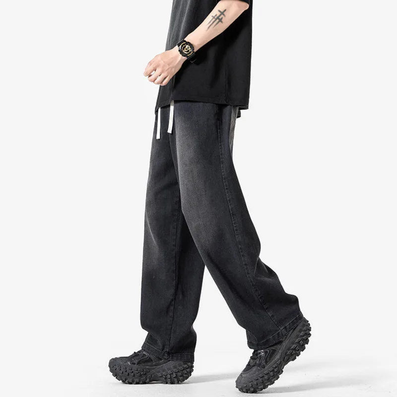 Riolio Summer Baggy Jeans Men Fashion Casual Straight Jeans Men Streetwear Hip-hop Loose Drawstring Vintage Jeans Mens Denim Trousers