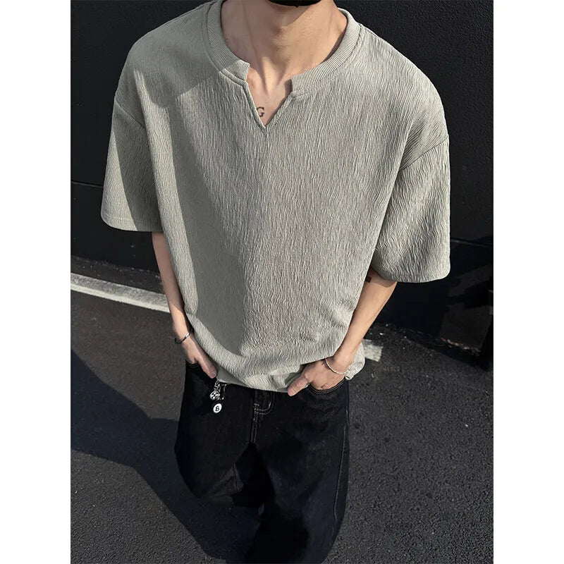 Riolio Summer Short Sleeved T-shirt Men Casual V-neck T Shirt Men Streetwear Korean Loose Pleated T Shirt Mens Top Large Size 5XL