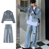 Riolio Autumn Denim Set Men Denim Jacket +Wide Leg Straight Jeans Casual Loose Solid Color Korean Style Street Stand Collar 2pcs Suit