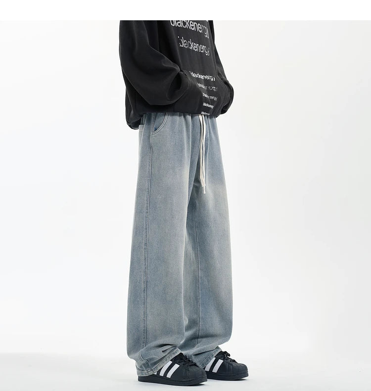 Riolio New Men's Jeans Washed Jeans Pants Unisex Drawstring Denim Pants Male Streetwear Korean Straight cylinder loose Cowboy Trousers