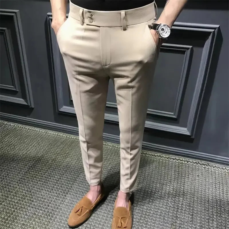 Riolio Summer Trousers For Men Korean Style Slim Fit Casual Pants Small Foot Nine Points Trendy White Suit Pants