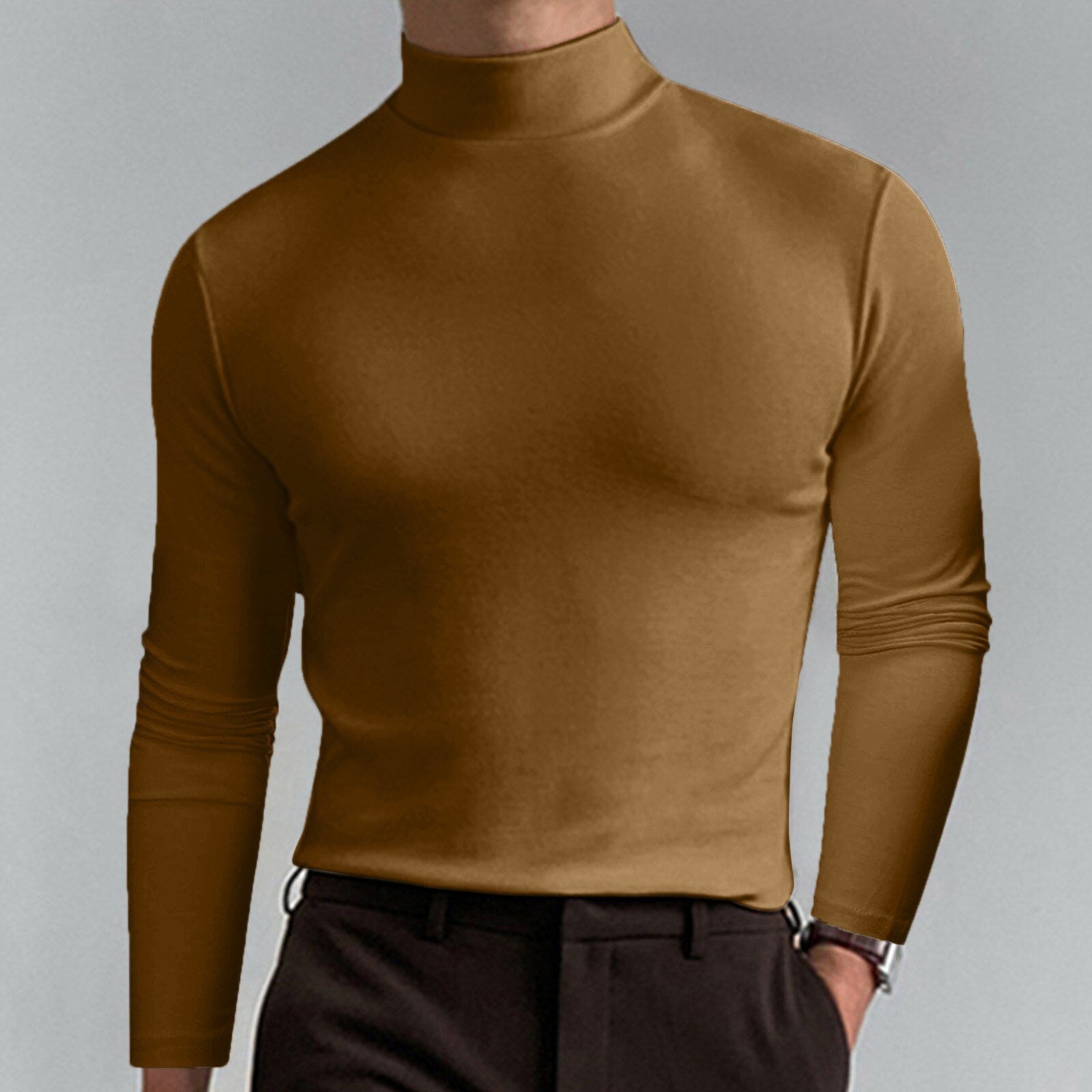 Riolio Turtleneck For Men Solid Colour Slim Elastic Thin Pullover Men Spring Autumn Turtleneck Men Knitting Basic Long Sleeve T-shirt