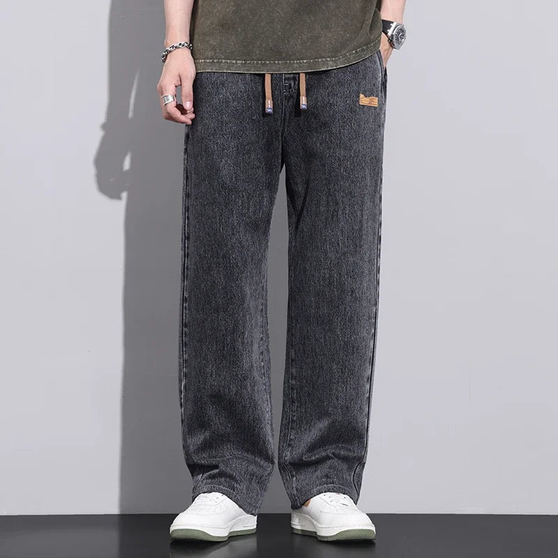 Riolio Men Dark Blue Blue Stretch Elastic Waist Denim Pants Streetwear Loose Full Length Trousers Straight Wide Leg Drawstring Jeans