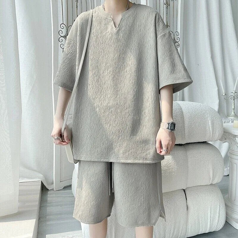 Riolio Summer Set Men Fashion Black White Casual Set Men Streetwear Pleated Sets Mens Short Sleeved T-shirt Shorts Set Man Sets