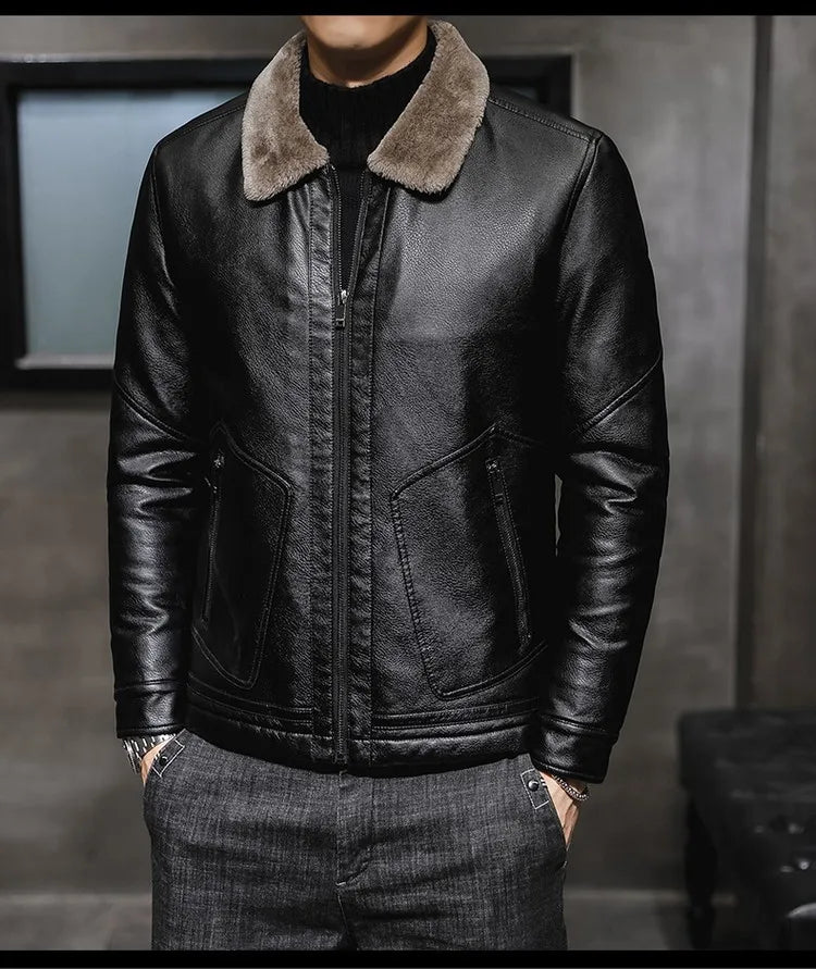 Riolio Casual Punk Rock Thick Leather Coats Slim Windproof Blazer Stand Collar Outwear Men's Pu Leather Jacket Zipper Motorcycle Jacket