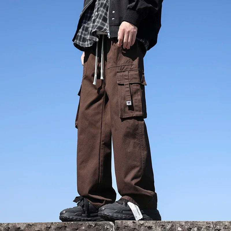 Riolio 6 Colors Men's 100% Cotton Cargo Casual Pants Baggy Straight Elastic Waist Comfortable Trousers Fashion Streetwear Male Clothes