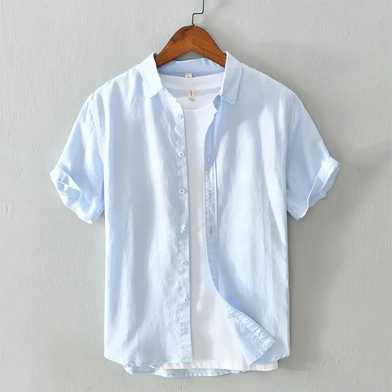Riolio Breathable Linen Shirt Men's Short-sleeved Slim Bodysuit Thin Lapel Youth Casual White Shirt