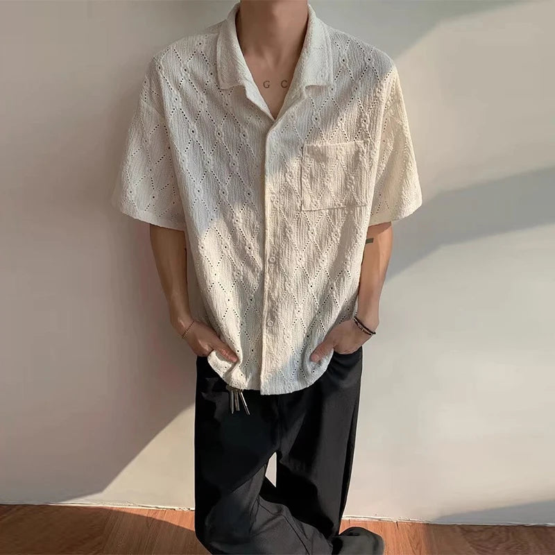 Riolio Summer Men's Clothing Light Luxury Jacquarded Suit Collar Shirts Streetwear Button-down Short Sleeve Retro Leisure Fashion M-3XL