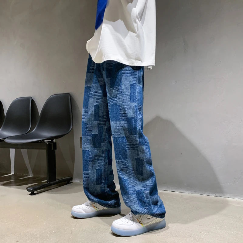 Riolio Blue Black Plaid Jeans Men Retro Casual Wide-leg Jeans Mens Streetwear Loose Hip-hop Straight Denim Trousers Men Vintage Jeans