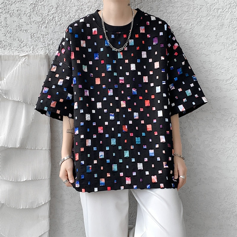 Summer Short Sleeved T-shirt Men Fashion Oversized Plaid T Shirt Men Streetwear Hip Hop Loose Hollow Out Tshirt Mens Large Size