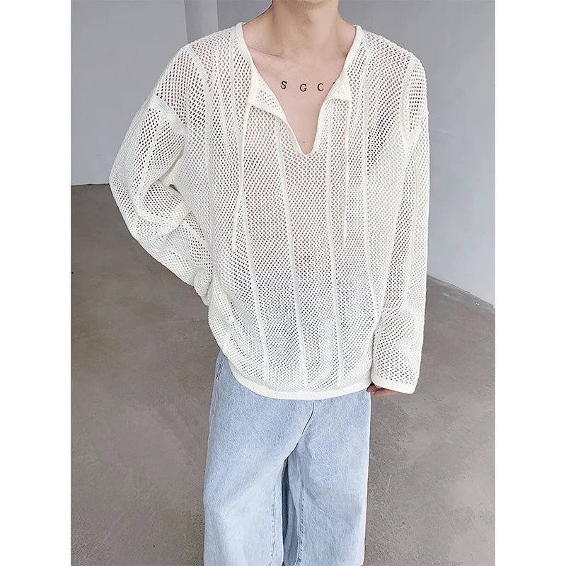 Riolio Rice White Shirts for Men Hollow Out Blouse Men Handsome Fashion Men Clothing Vacation Sexy Mesh Long-sleeved Shirts