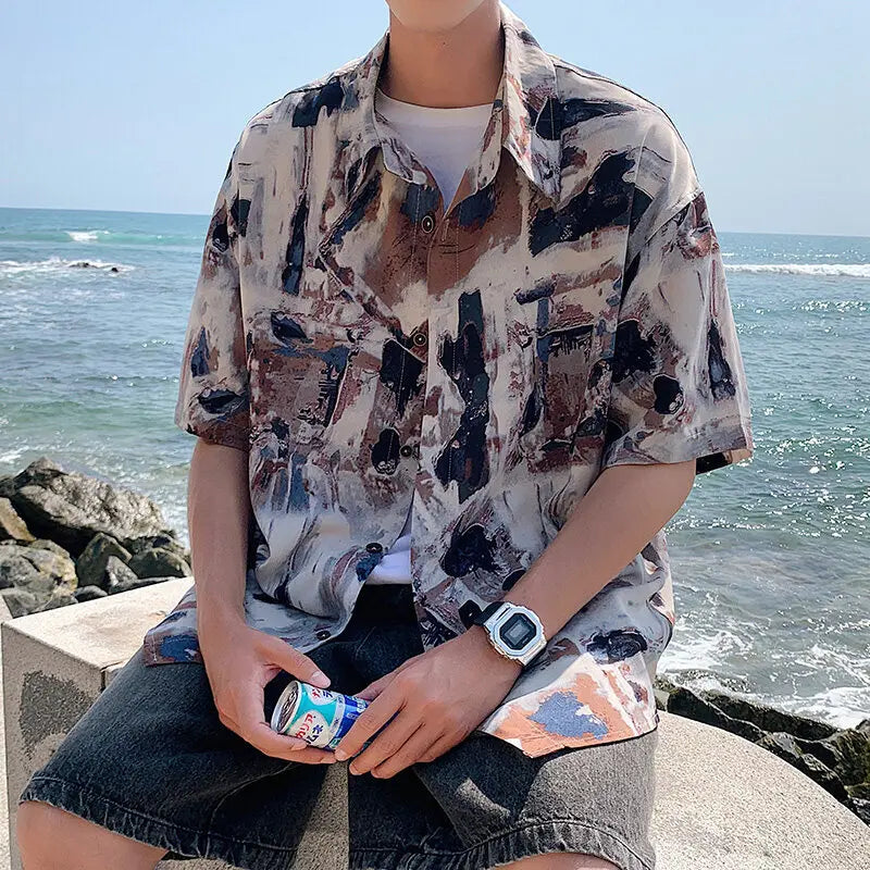 Riolio Summer Short Sleeved Shirt Men Printed Casual Shirt Men Streetwear Loose Ice Silk Shirt Mens Hawaiian Shirts Plus Size 5XL