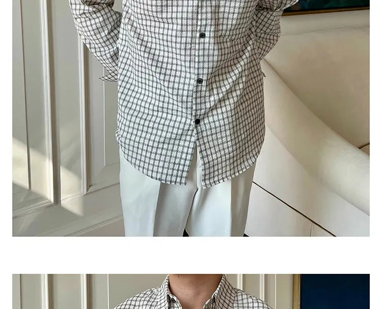 Riolio  New American Retro Men Shirts Light Luxury Textured Lapel Plaid Long Sleeve Cardigan Leisure Trendy Premium Check Blouse M-2XL