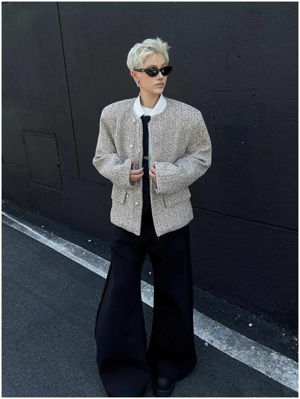 Riolio Male Elegant O-neck Blazer Coat High-end Shoulder Pad Collarless Jacket American Autumn Button Short Suit Jacket Handsome Top