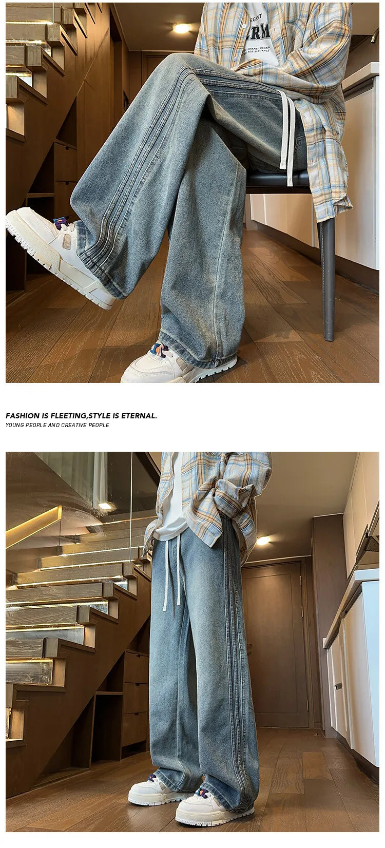 Riolio Jeans Men Denim Pants Elastic waist pull rope Straight Droop Vintage Loose Bottom Straight Wide Leg Casual Male Trouser