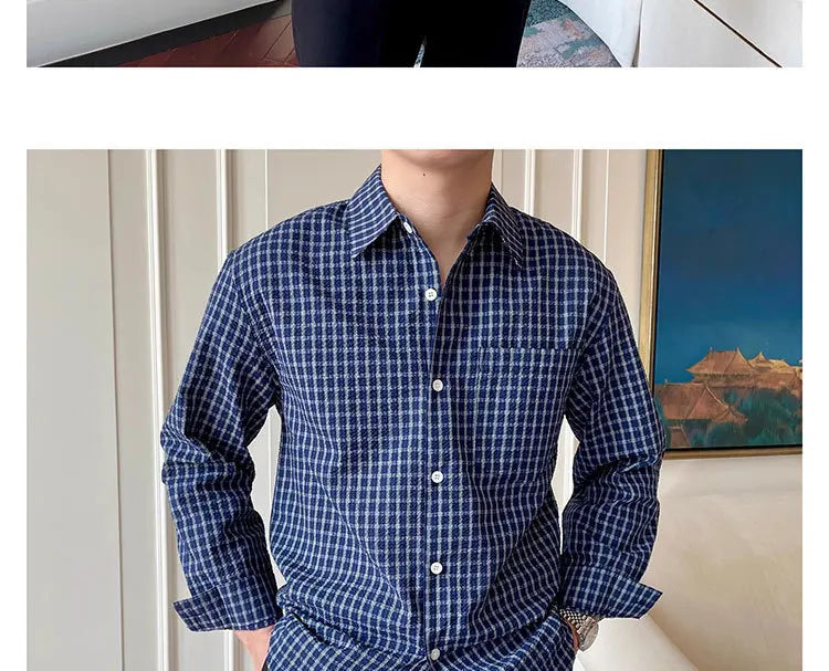 Riolio  New American Retro Men Shirts Light Luxury Textured Lapel Plaid Long Sleeve Cardigan Leisure Trendy Premium Check Blouse M-2XL