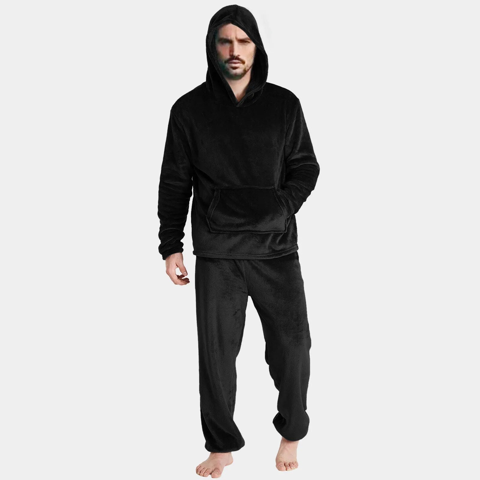Riolio Mens Winter Fleece Warm Pajama Set Soft Home Solid Color Pockets Hooded Pullover Tops And Pants Thick Plush Sleepwear Homewear