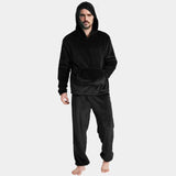 Riolio Mens Winter Fleece Warm Pajama Set Soft Home Solid Color Pockets Hooded Pullover Tops And Pants Thick Plush Sleepwear Homewear