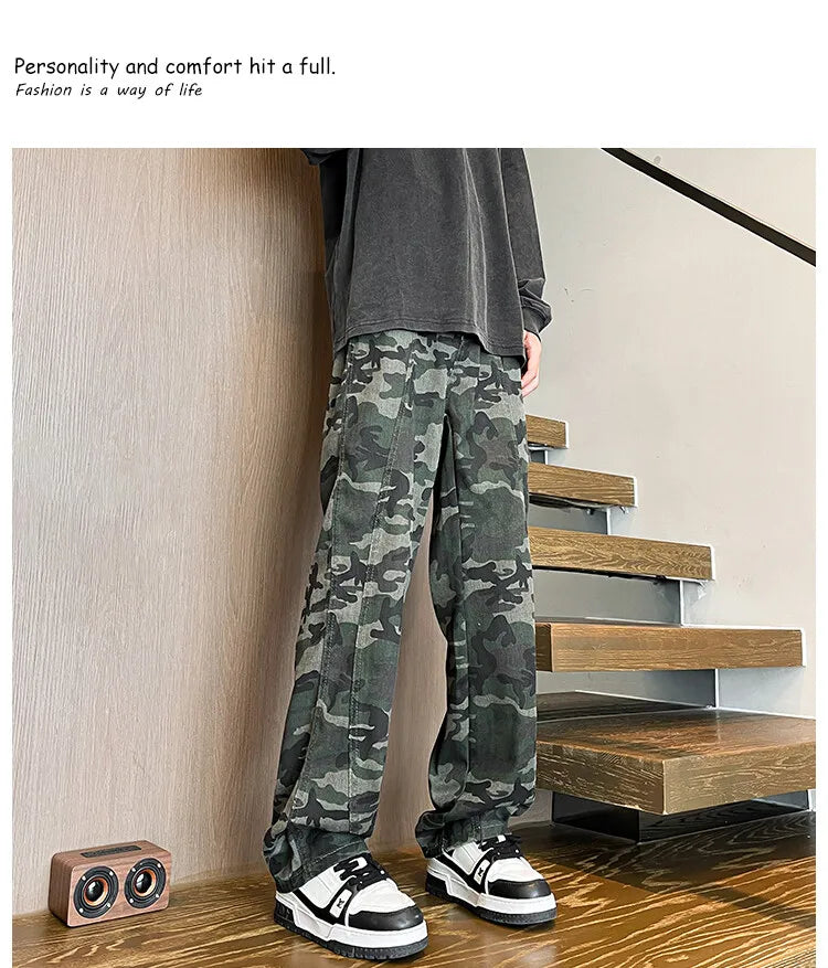 Riolio camouflage Jeans Men straight Pants patchwork male jean Fit Patchwork Streetwear Men's Trousers Denim Large size Hip Hop