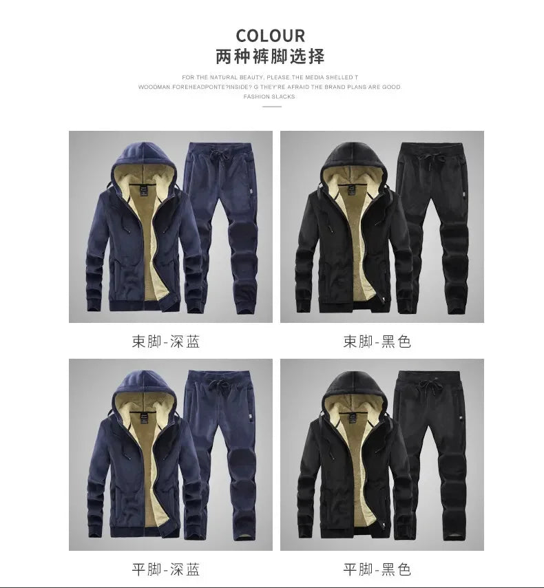 Riolio Hooded Sweat shirt+Pant 2-piece Sets Men Set Sports Suit Fleece Thickened Sportswear Casual Men Tracksuit Winter male Tracksuit