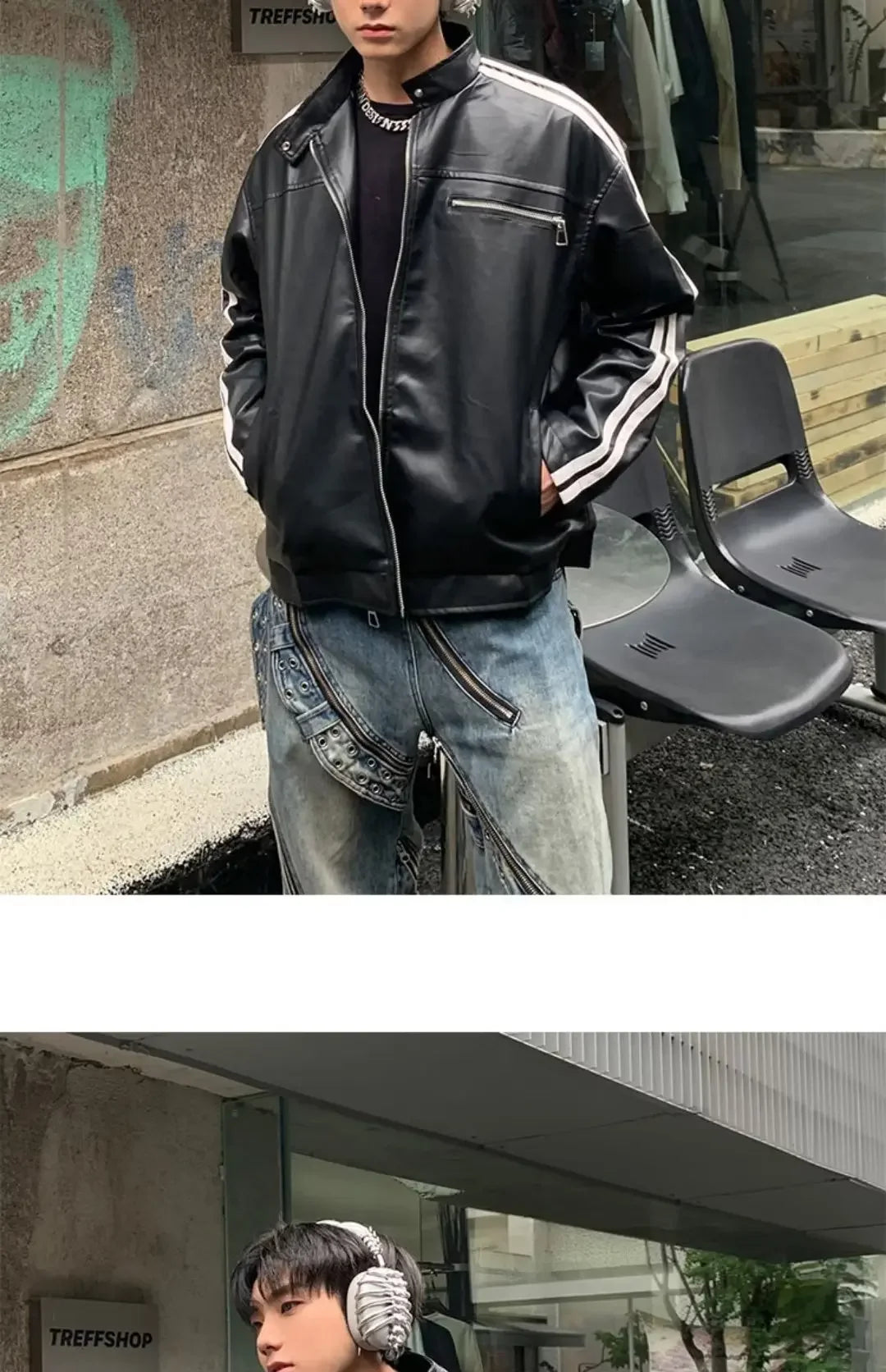 Riolio Retro Leather Jacket Men Women  American Patchwork Strip Racing Outerwear Loose Hip Hop Zippers Brown PU Coat Streetwear Spring