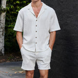 Riolio Mens Short Sleeved Shorts Suit Casual Loose Lapel Cardigan Solid Color Casual Suits Male Costumes  Personality Summer New