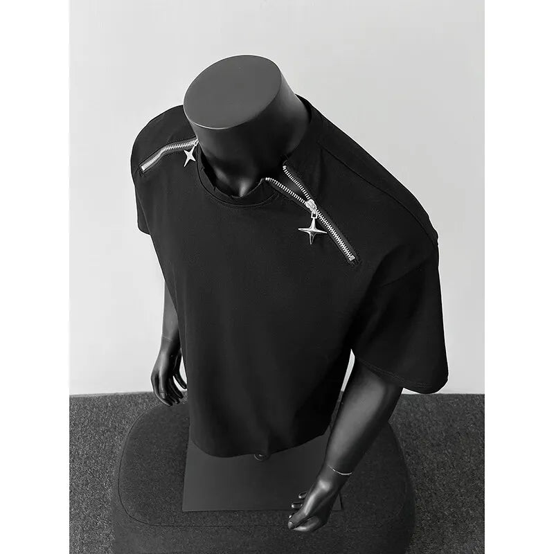 Riolio Breathable Mens Round Neck T-Shirt man Zip Detail Trendy Design New Urban Streetwear Casual Summer Tee Comfort Fit Stylish Soft