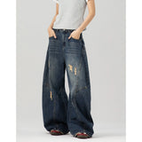 Riolio American high street men and women retro washed distressed curved knife jeans couple hip-hop loose trendy wide leg casual pants
