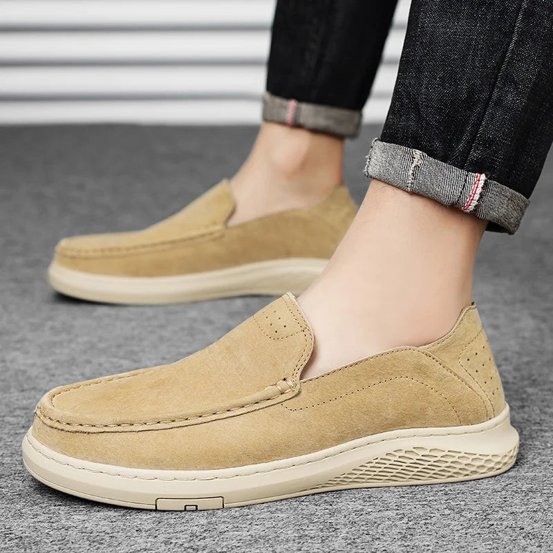 Riolio Men's Suede Leather Comfort Loafers, Flat Casual Slip-on Shoes, Fashion Suede Flats, Classic Round Toe Soft Leather Loafers