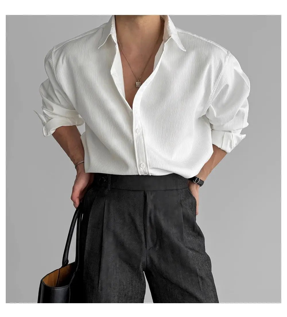 Riolio Lapel Pit Stripe Texture Long Sleeve Shirt Men's Casual Business Shirt High-end Drapery Light Versatile Top Male Blouse