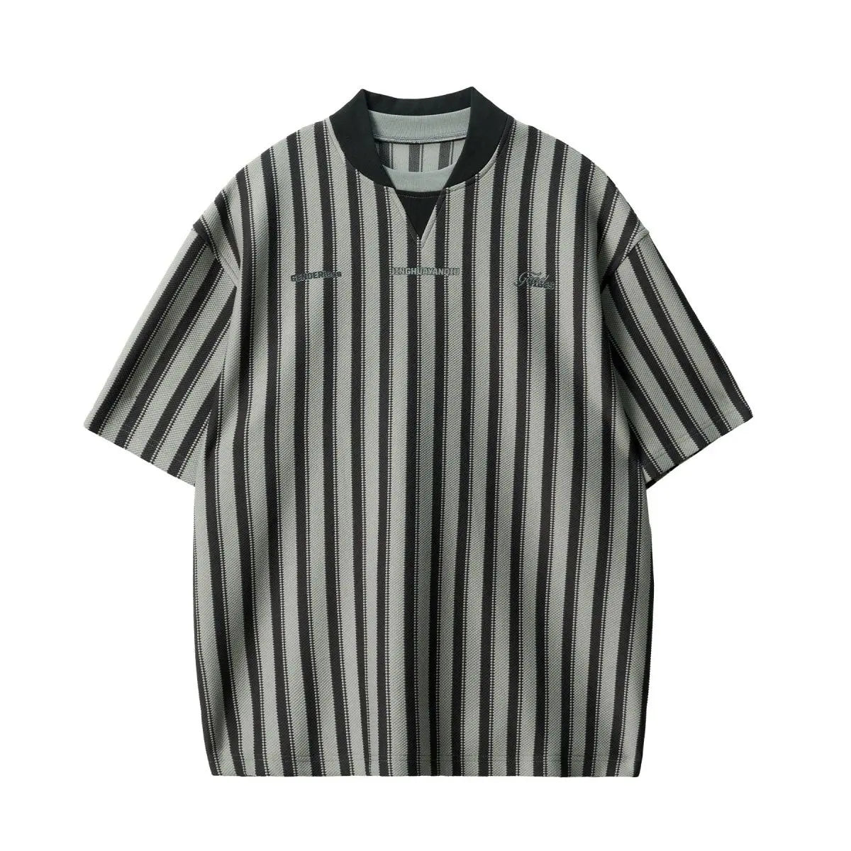 Riolio Preppy Retro Shirt Double-paired V-neck Striped Short-sleeved T-shirt Loose Casual Embroidered Letter Printed Shirt