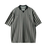 Riolio Preppy Retro Shirt Double-paired V-neck Striped Short-sleeved T-shirt Loose Casual Embroidered Letter Printed Shirt