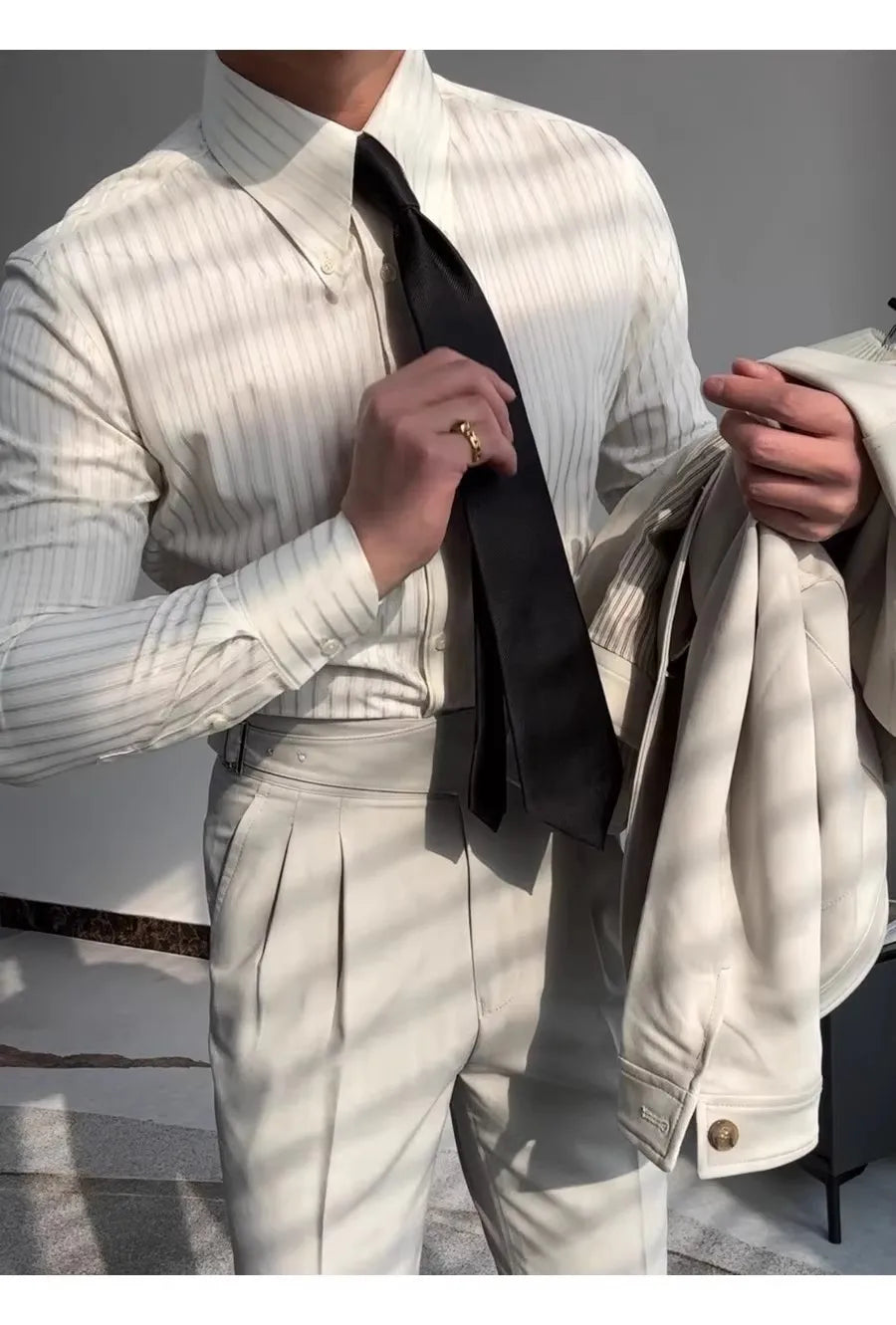 Riolio New Italy Business Men Shirts Light Luxury Textured Peaked Lapel Striped Long Sleeve Cardigan Leisure High Quality Blouse M-2XL