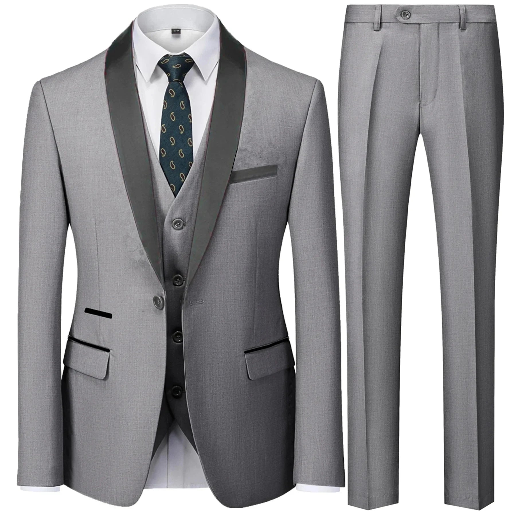 Riolio 3 Pieces Set Men's Business Blazers Coat / Male Slim Fit Color Matching Collar Suit Tuxedo Leisure Jacket Pants Vest Wedding