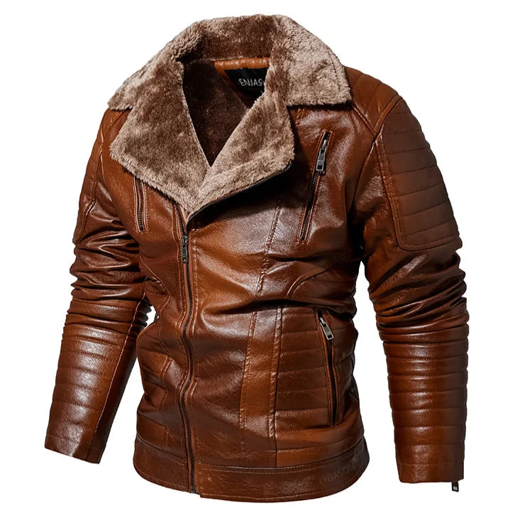 Riolio Male Outerwear Bomber Leather Jacket High-end Men's Fleece Warm Motorcycle Suit Collar Jackets Moto Biker PU Baseball Jackets