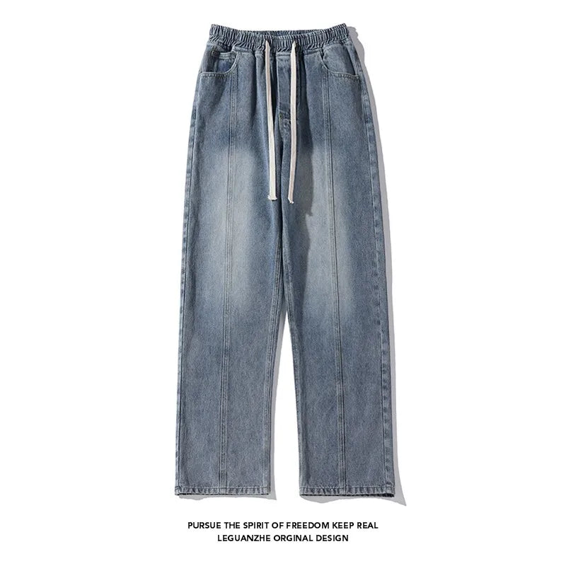 Riolio Jeans men Elastic waist Streetwear Fashion Jeans Black Spring New Men Women Wide Leg Straight Denim Trousers Plus Size 5XL-M