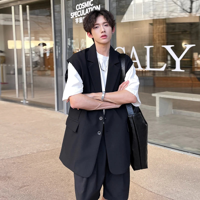 Riolio Mens Summer Sleeveless Jacket Casual Vest Suit Collar Loose Lightweight Outdoor Streetwear Breathable Top Clothing Male Fashion