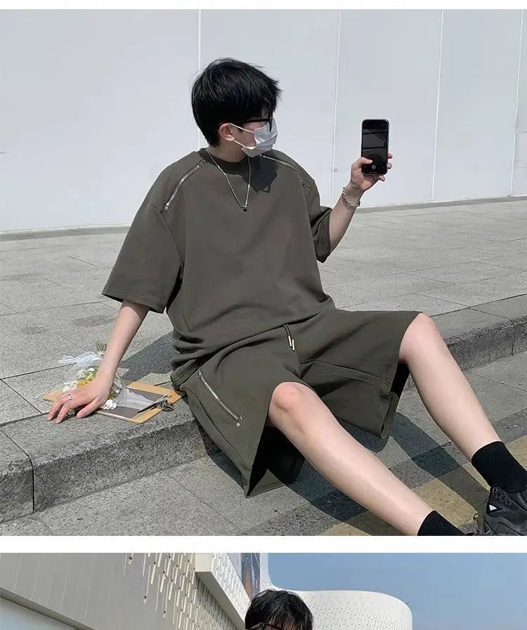 Riolio American Heavy Double Zipper Sports Suit Men's Summer Trendy Design Handsome Short-sleeved Shorts Casual Two-piece Set Urban