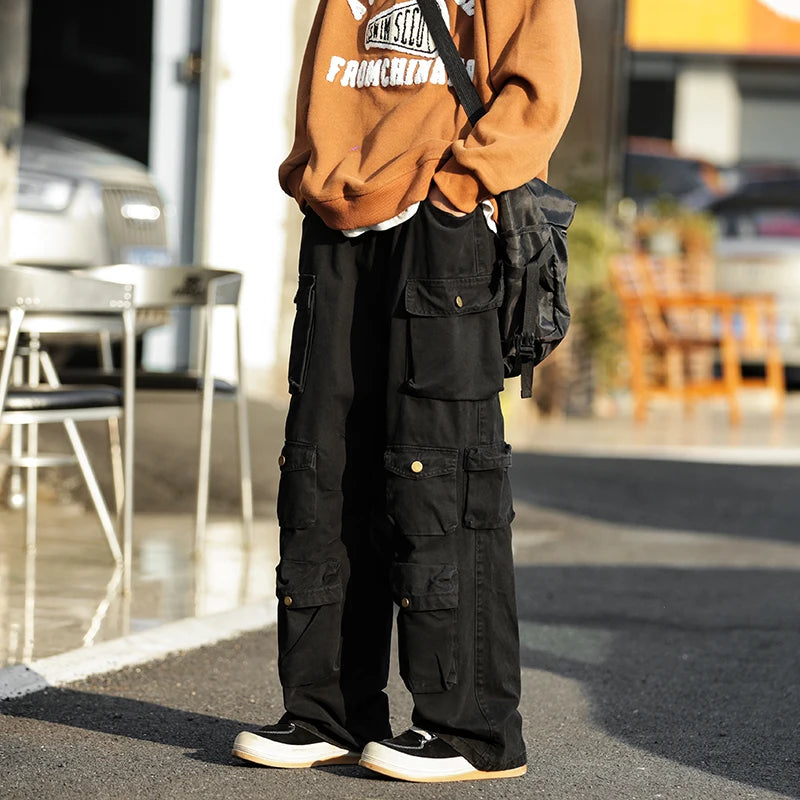Riolio Japanese Multi-pocket Work Pants Men's Autumn Trendy Loose Straight Casual Pants Hip-hop Retro Design Trousers Aesthetic Chic