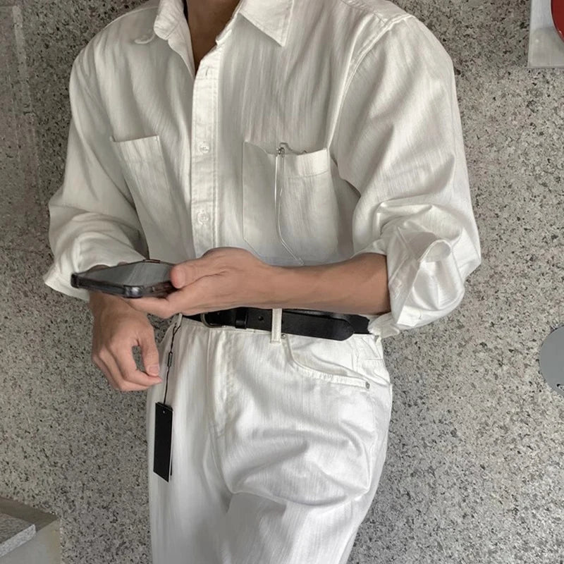 Riolio New Men Luxury Korean Style Shirts Casual Long Sleeve Drapped Solid Color Button-down Cardigan Fashion Business Leisure Blouse