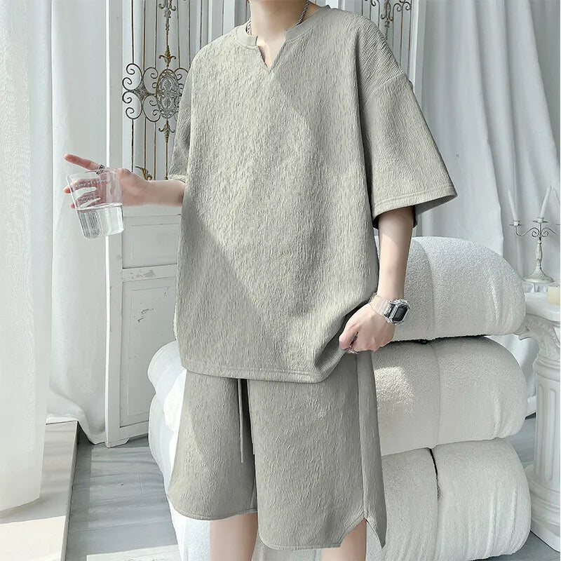 Riolio Summer Set Men Fashion Black White Casual Set Men Streetwear Pleated Sets Mens Short Sleeved T-shirt Shorts Set Man Sets