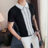 Riolio Spring Summer Knit Polo Shirt Men Casual Turn-down Collar Button Fashion Striped Solid Slim Tops Newest Ice Silk Cotton Knitwear