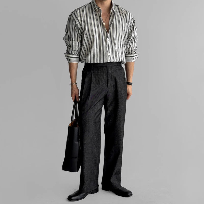 Riolio New Naples Business Men Shirts Light Luxury Textured Lapel Striped Long Sleeve Cardigan Leisure Premium Commuter Blouse M-2XL