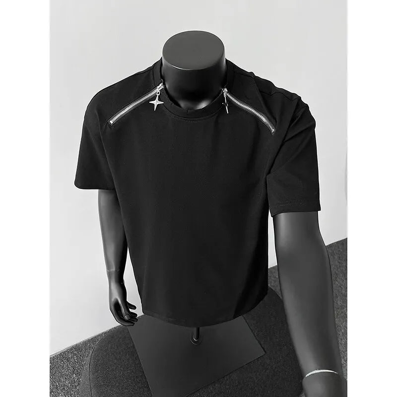 Riolio Breathable Mens Round Neck T-Shirt man Zip Detail Trendy Design New Urban Streetwear Casual Summer Tee Comfort Fit Stylish Soft