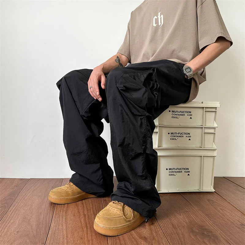 Riolio Summer Thin Pants Men Fashion Pocket Cargo Pants Men Japanese Streetwear Hip-hop Loose Straight Pants Mens Oversized Trousers