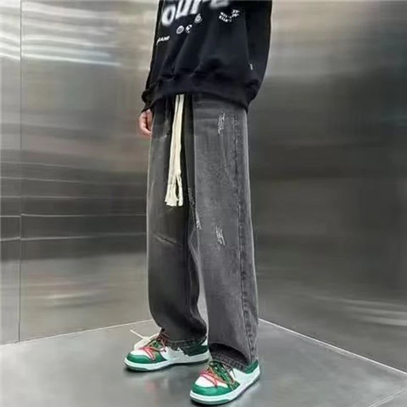 Riolio Men's Baggy Straight Leg Wide Leg Denim Pants Trend Concise Style Streetwear Trousers Daily Lace Up Design Hot Sale Jeans Male